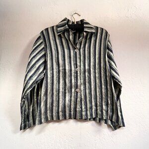 Vintage LisBeth Oslo Womens Black/Gold Striped Silk Shirt Medium Long Sleeve USA